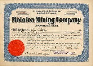 Mololoa Mining Co. - Stock Certificate